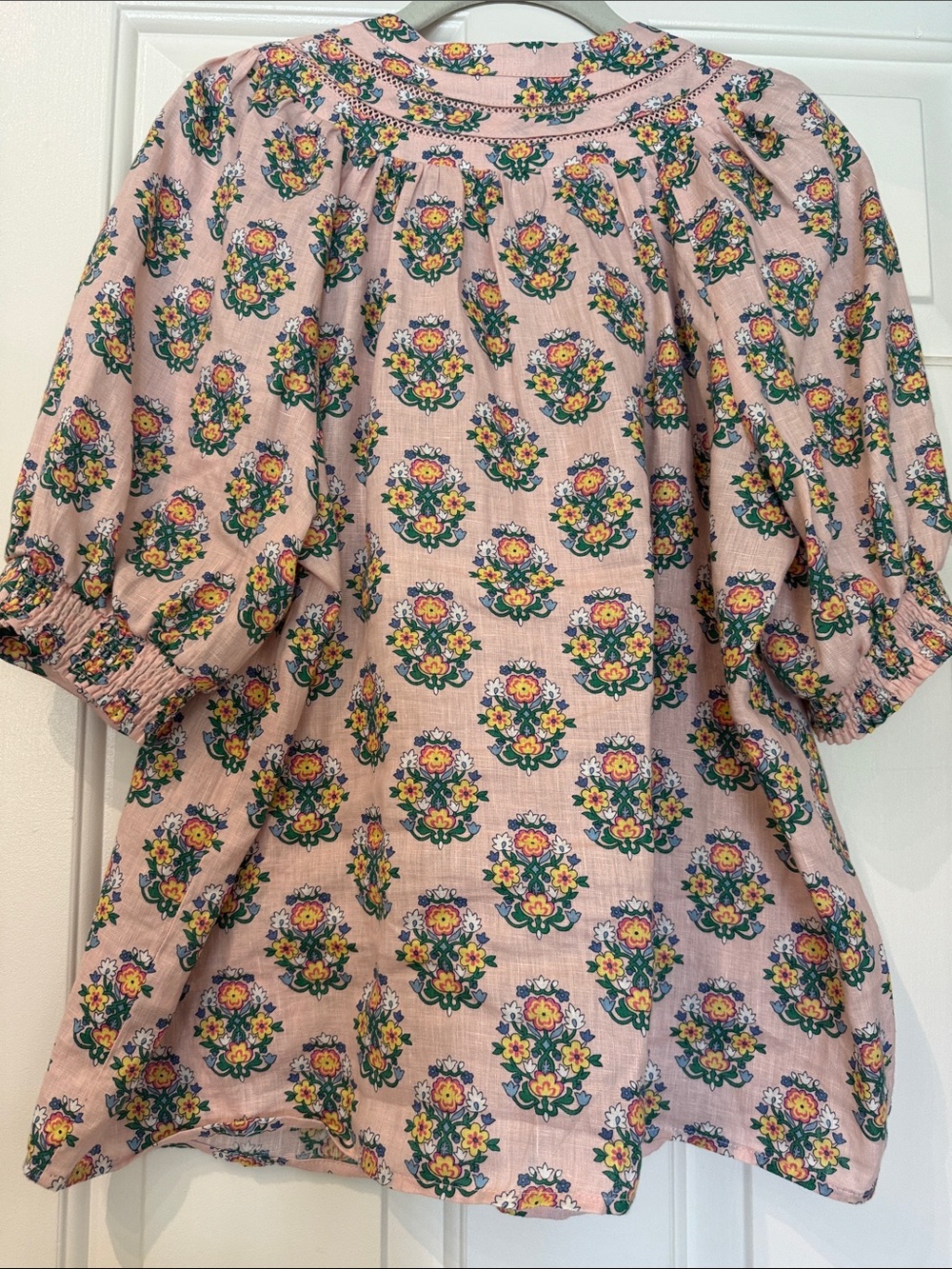 Boden Pink Floral 100% Linen Button-Front Peasant Blouse - Picture 9 of 10